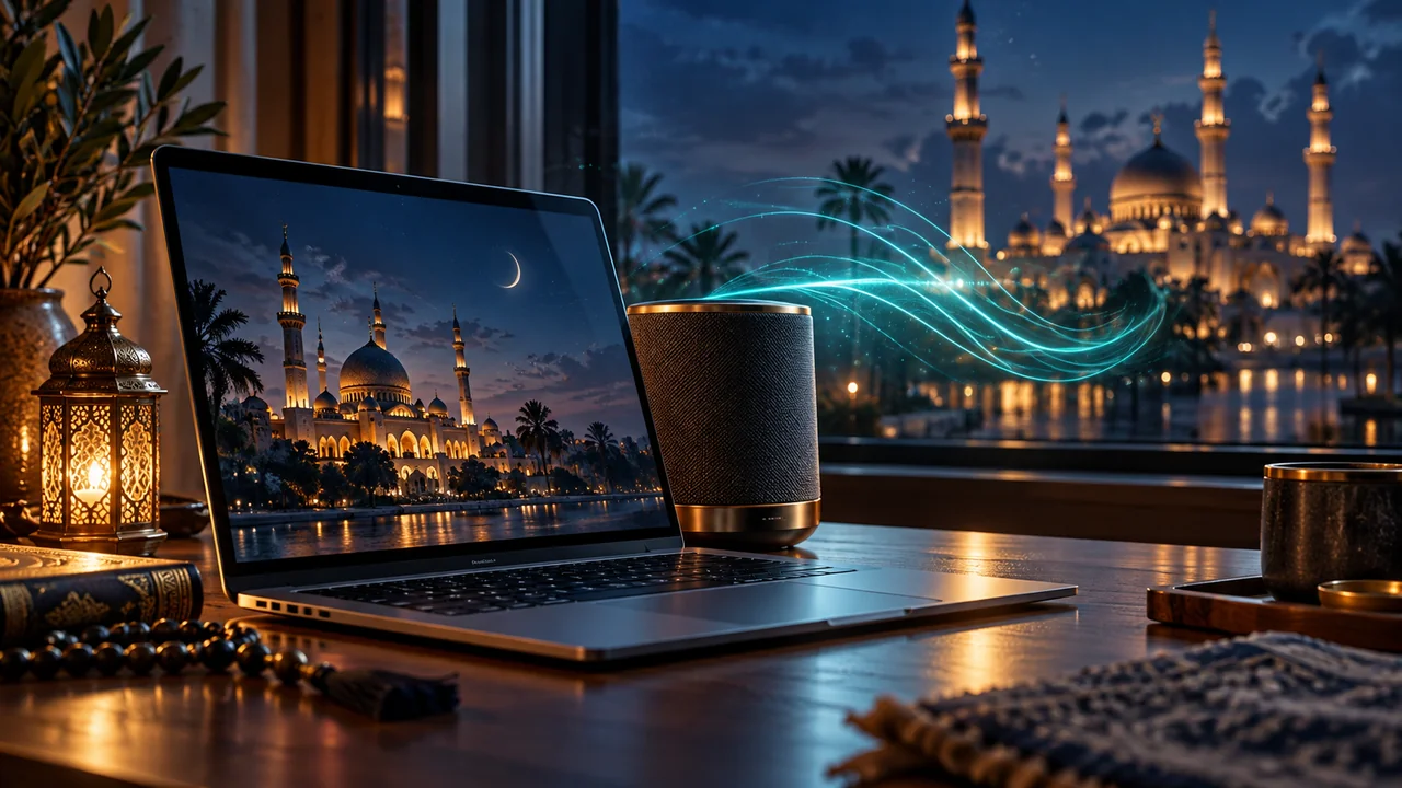 مكبر صوت يرسل موجات هادئة بجوار الحاسوب
