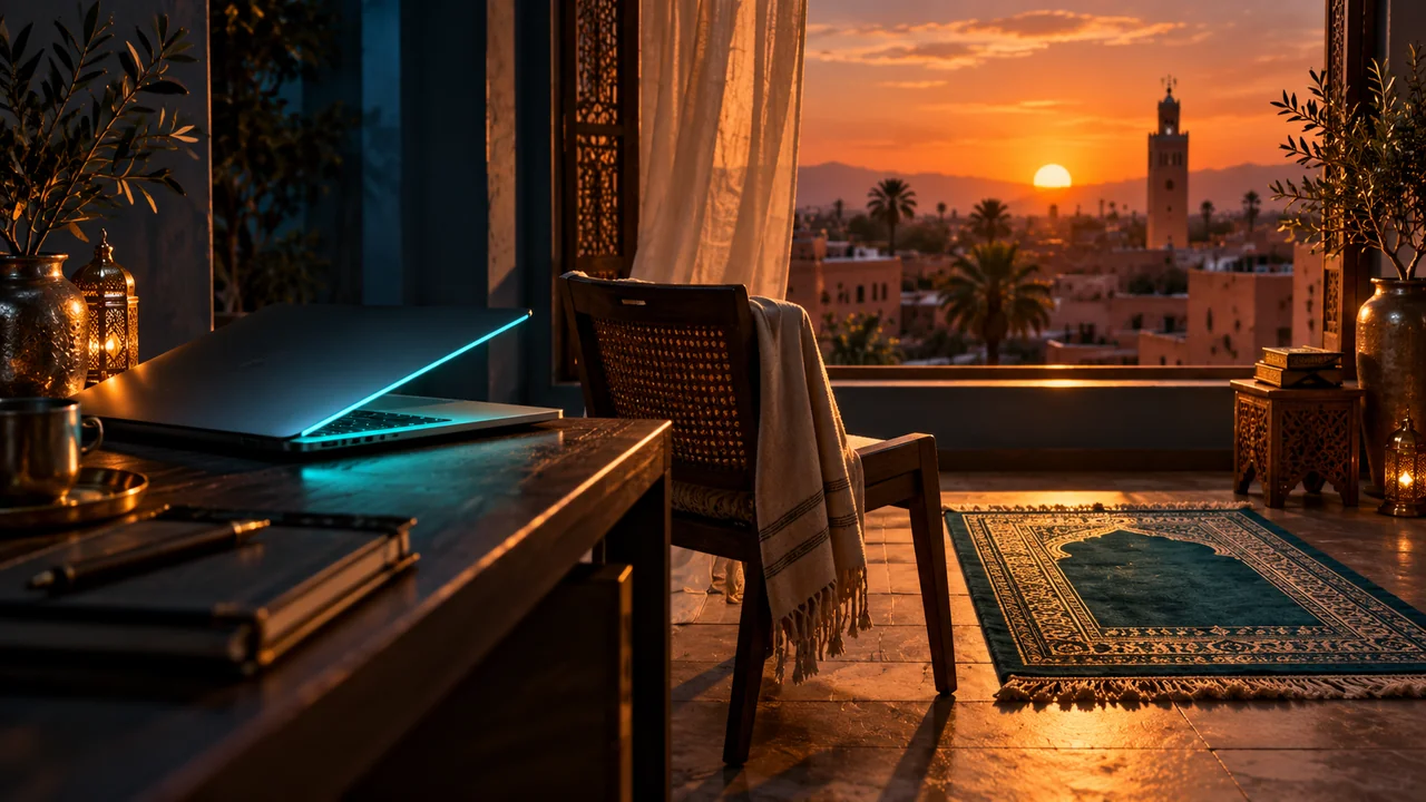 إغلاق الحاسوب مع إضاءة الغروب لمكان الصلاة