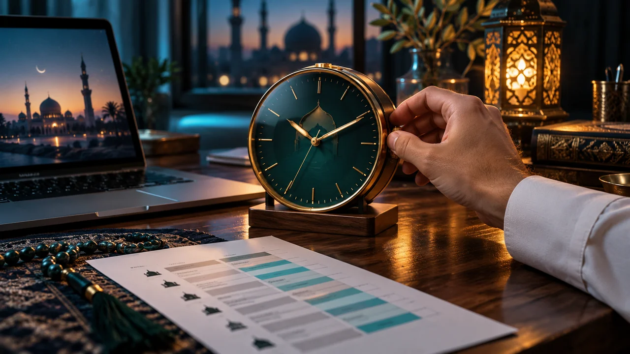 ضبط ساعة بجوار حاسوب وجدول مواقيت الصلاة