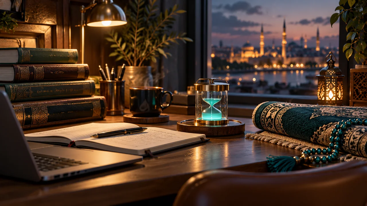 كتب وحاسوب ومؤقت مع وقت مخصص لاستراحة الصلاة
